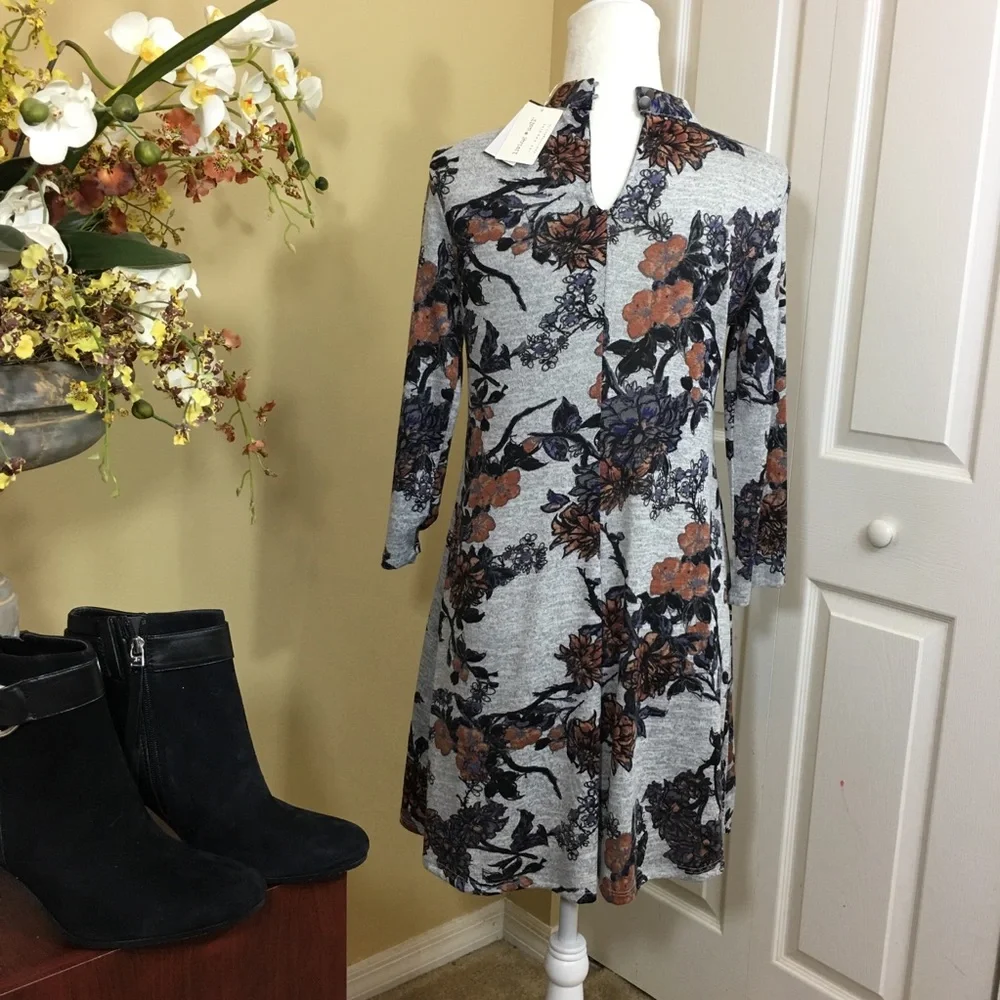 NWT Living Doll Keyhole Gray Floral Dress Size L Boho‎ Soft Grunge Romantic